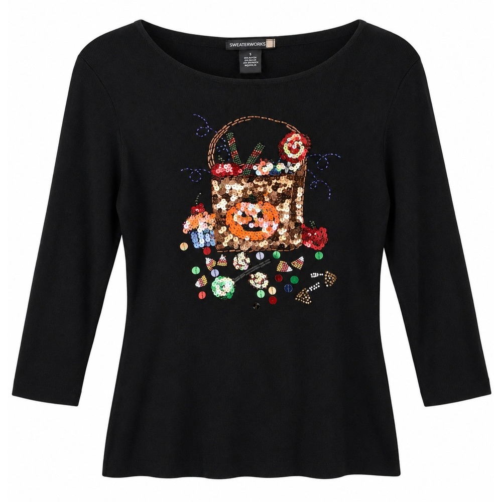 Sweaterworks Womens Halloween Sequin Trick or Treat Basket Top Black Small